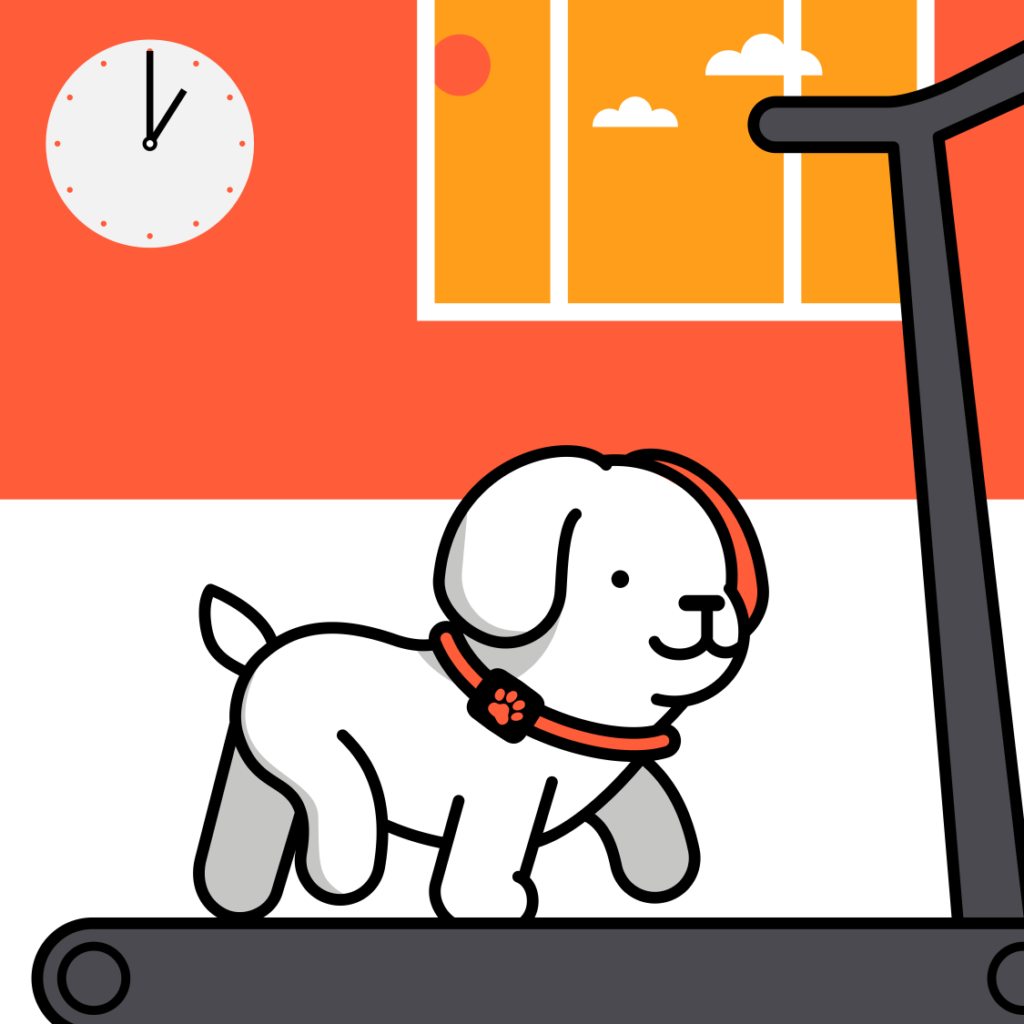 Cartoon dog walking on a treadmill