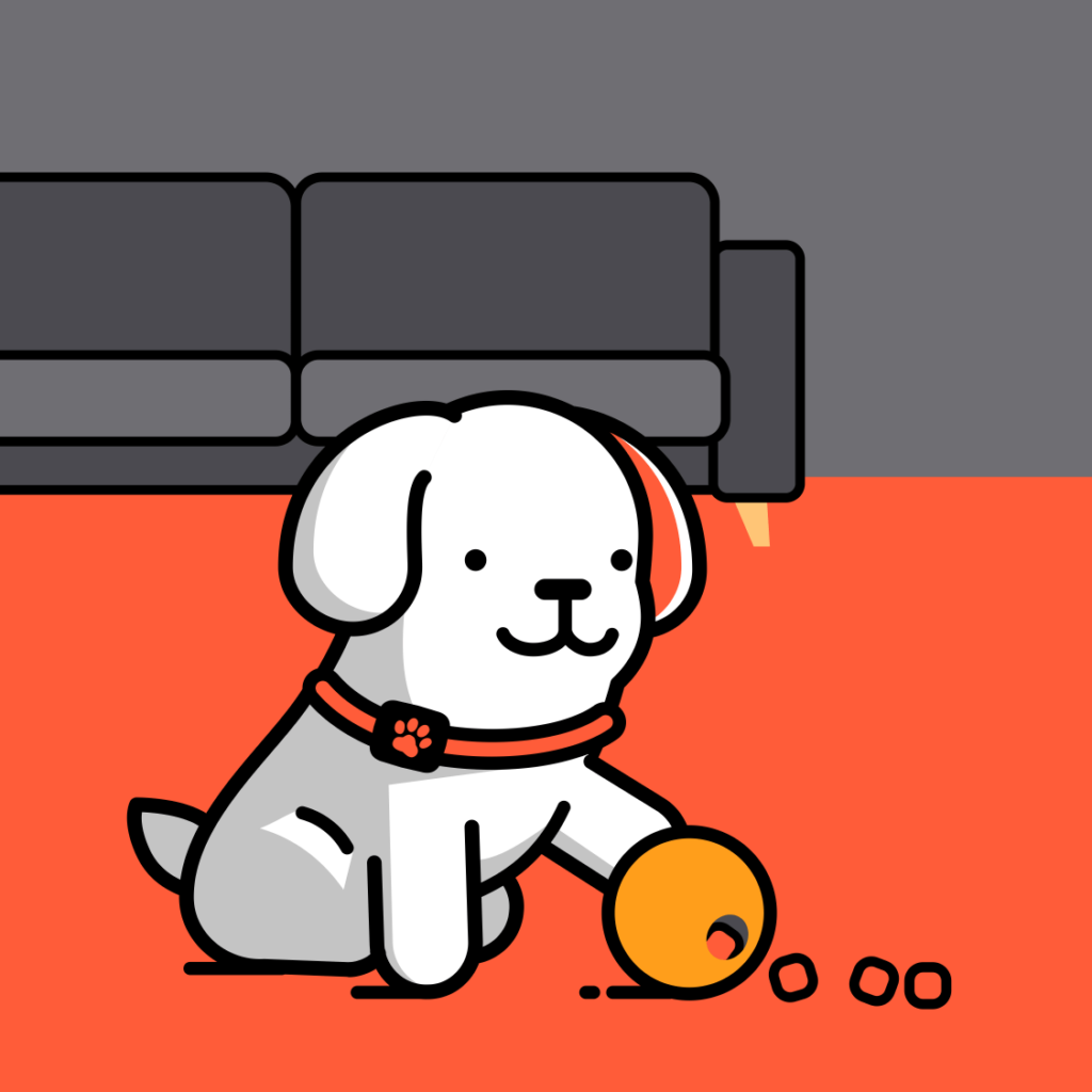 Cartoon dog using treat dispensing ball