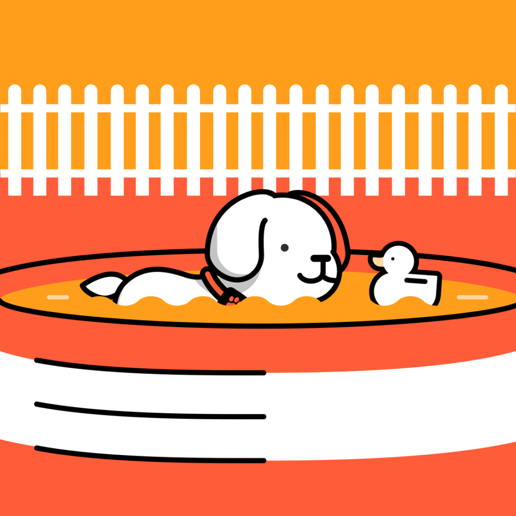 Cartoon dog swimming in paddling pool