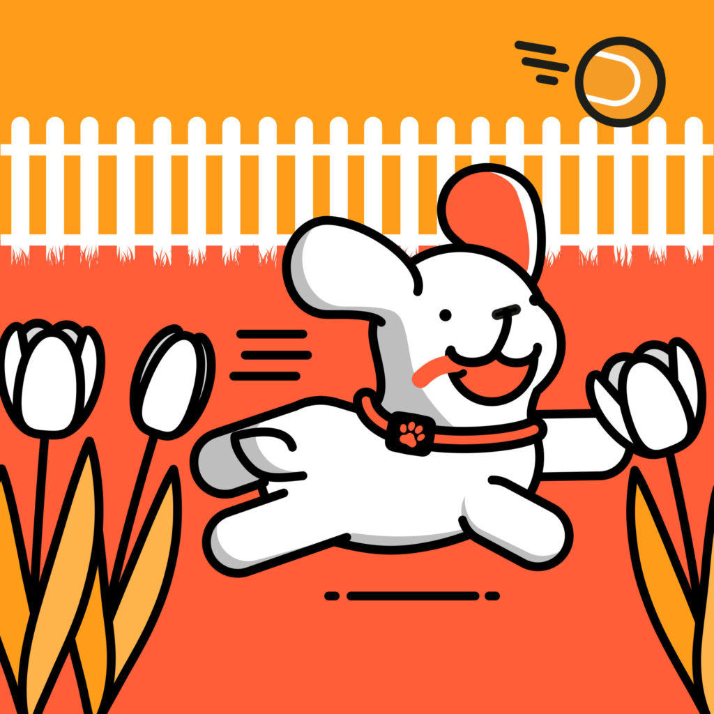 PitPat mascot Patch chasing a ball in the garden