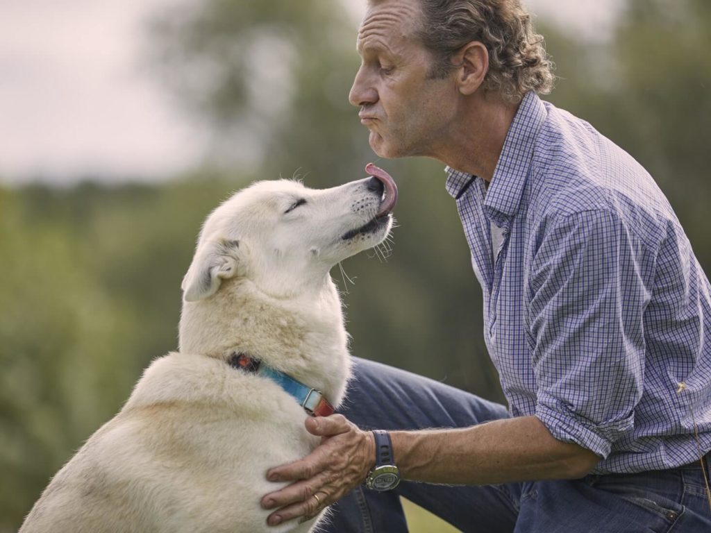 White dog licking man's face