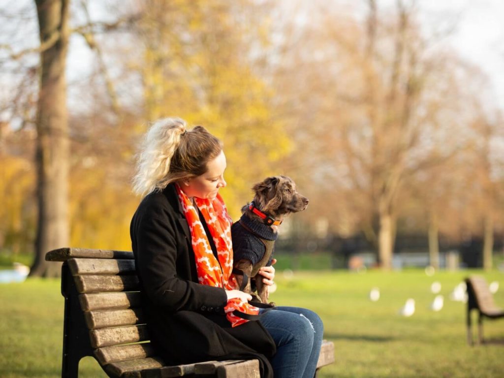 Woman sat on bench with cocker spaniel wearing a PitPat