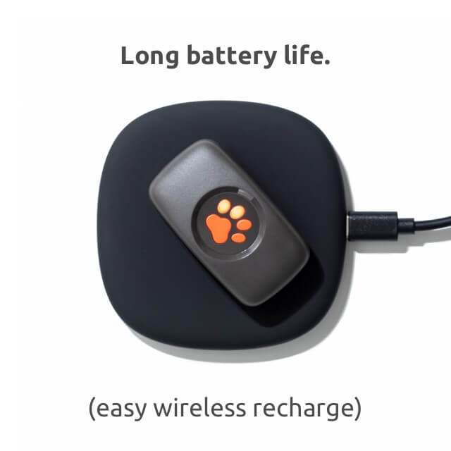 Black PitPat GPS sitting on wireless charger with text saying long battery life. Easy wireless recharge.