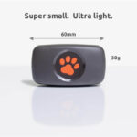 PitPat Dog GPS Tracker in black with measurements and text reading super small ultra light.