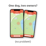 Two phones with dog location tab open in the PitPat app with text reading one dog, two owners? No problem