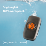 Black PitPat GPS submerged in water with text reading dog tough & 100% waterproof, even in the sea.