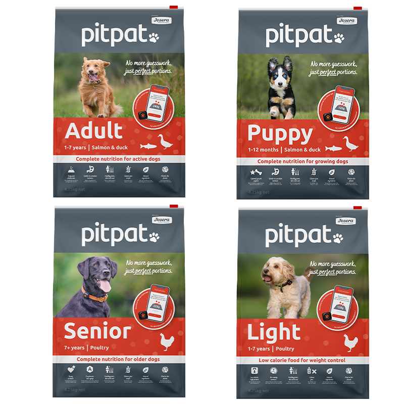 A bag of PitPat Adult, Puppy, Senior and Light food