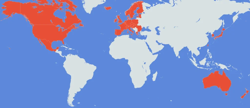 Map of the world showing which countries PitPat GPS works in