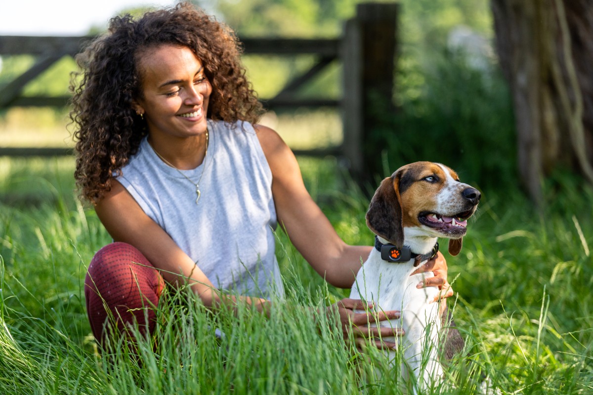 Women kneeling in field with a mix breed beagle wearing a black PitPat GPS