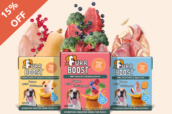 3 boxes of Furr Boost dog smoothies bursting with ingredients