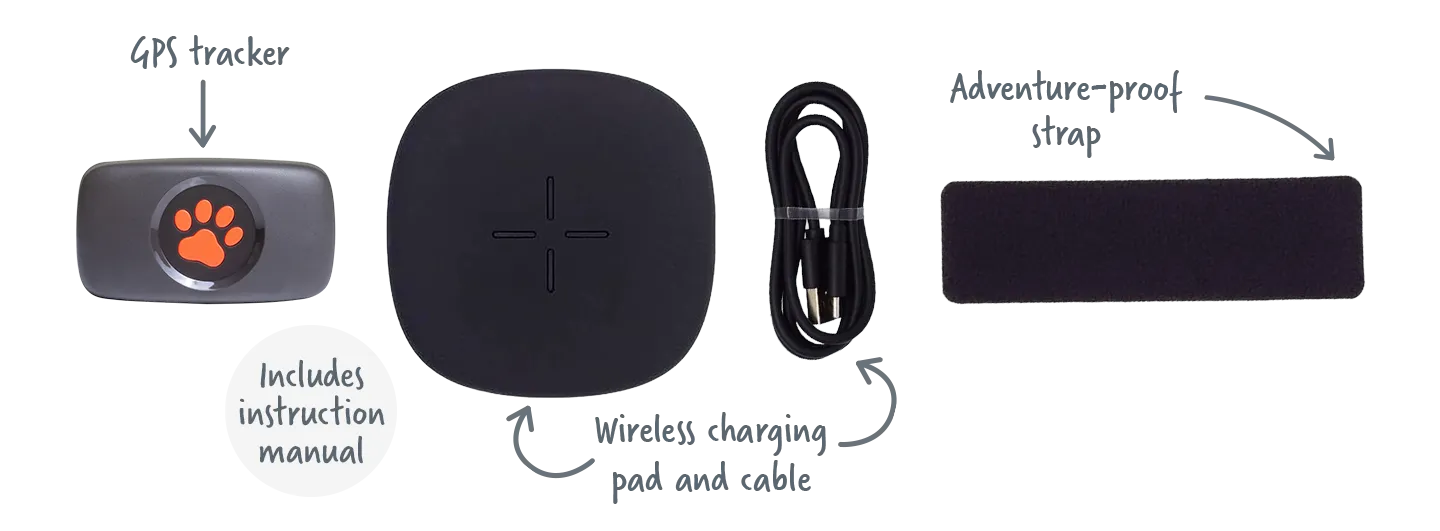 With a PitPat GPS you also get an adventure-proof strap, wireless charging pad and cable, and an instruction manual